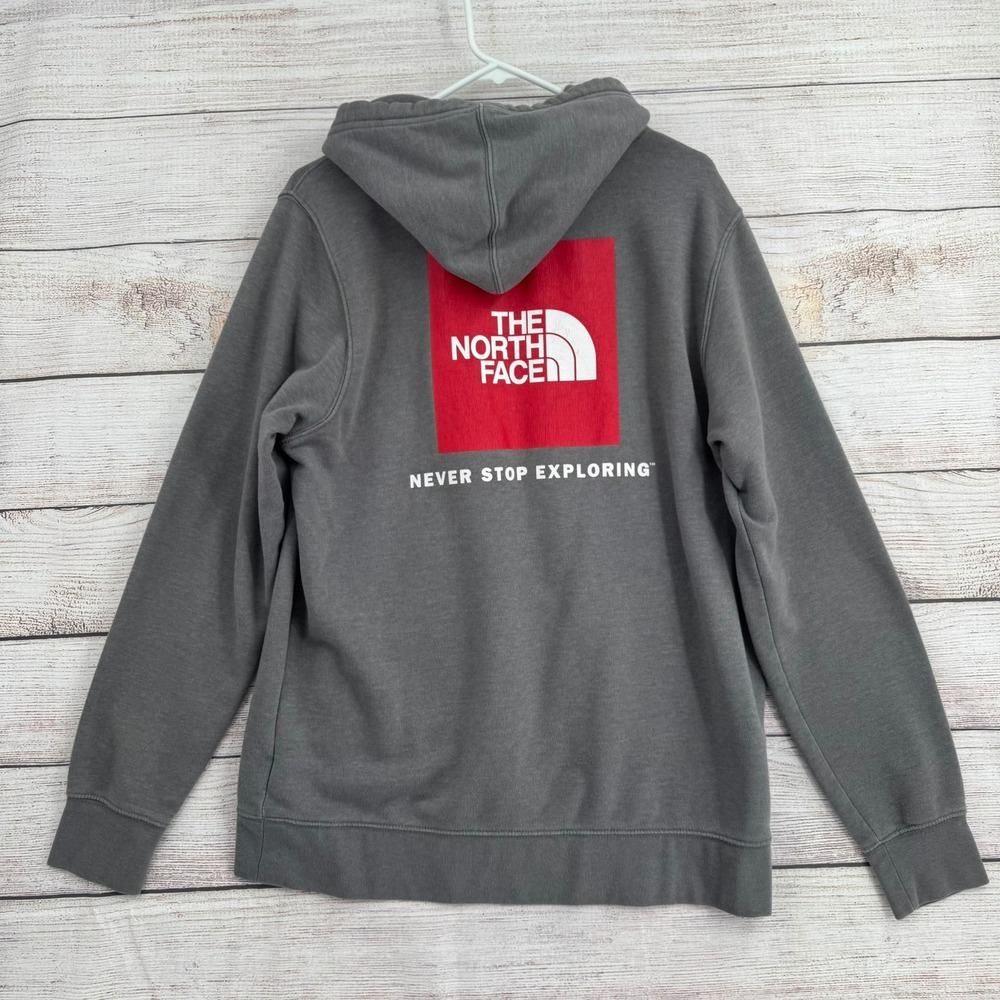 The North Face Hoodie Men Large Grey Red Box Logo Never Stop Exploring A3FRE